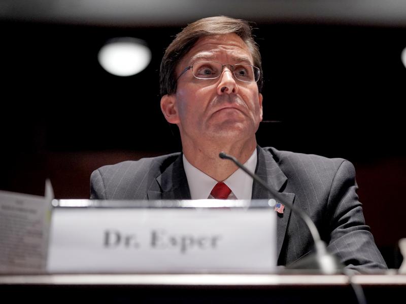 Then-Defense Secretary Mark Esper testifies during a House Armed Services Committee hearing in July 2020 in Washington, D.C. Then-Defense Secretary Mark Esper testifies during a House Armed Services Committee hearing in July 2020 in Washington, D.C.