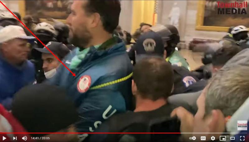 A screenshot from the Jan. 6 U.S. Capitol insurrection allegedly shows gold medalist swimmer Klete Keller wearing an Olympic jacket. A screenshot from the Jan. 6 U.S. Capitol insurrection allegedly shows gold medalist swimmer Klete Keller wearing an Olympic jacket.