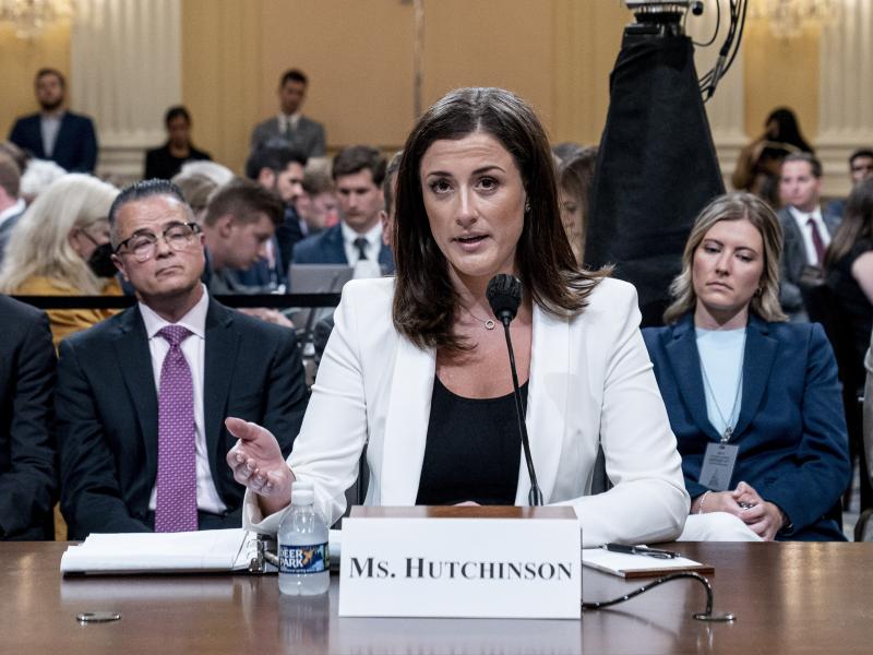 Cassidy Hutchinson, former aide to Trump White House chief of staff Mark Meadows, testifies as the House select committee investigating the Jan. 6 attack on the U.S. Capitol holds a hearing at the Capitol on Tuesday. Cassidy Hutchinson, former aide to Trump White House chief of staff Mark Meadows, testifies as the House select committee investigating the Jan. 6 attack on the U.S. Capitol holds a hearing at the Capitol on Tuesday.