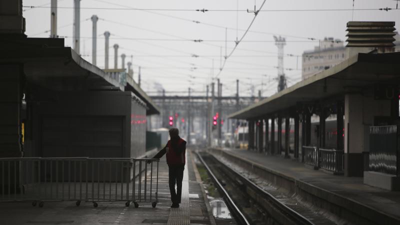 The Gare de Lyon railway station in Paris, typically brimming with busy travelers, stands empty Friday as general strikes snarled transportation across France for a second day. The Gare de Lyon railway station in Paris, typically brimming with busy travelers, stands empty Friday as general strikes snarled transportation across France for a second day.