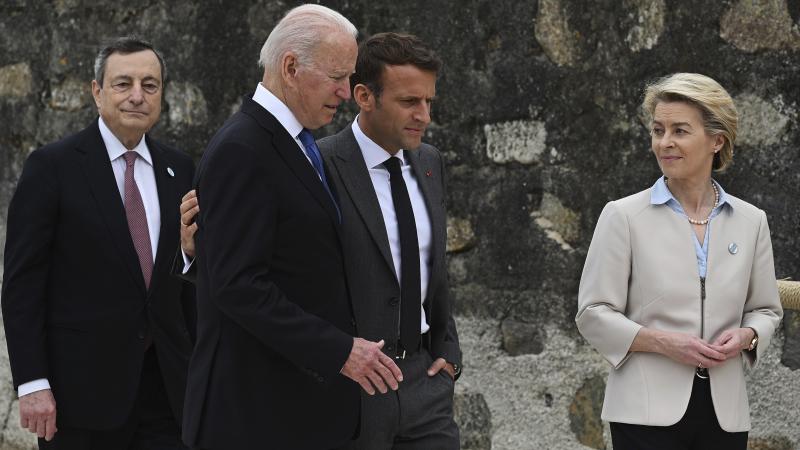 Back in June at the G-7 summit in England, French President Emmanuel Macron (center, right) and President Biden appeared to be getting along fine. They spoke Wednesday after a rift that began with a new security alliance. Back in June at the G-7 summit in England, French President Emmanuel Macron (center, right) and President Biden appeared to be getting along fine. They spoke Wednesday after a rift that began with a new security alliance.
