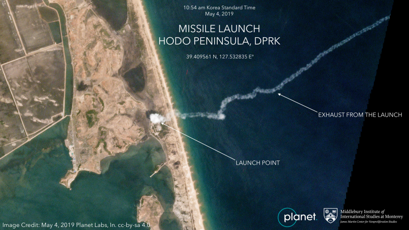 A satellite image from Planet Labs, a private satellite company, shows the exhaust from a North Korean missile test on May 4, 2019. A satellite image from Planet Labs, a private satellite company, shows the exhaust from a North Korean missile test on May 4, 2019.