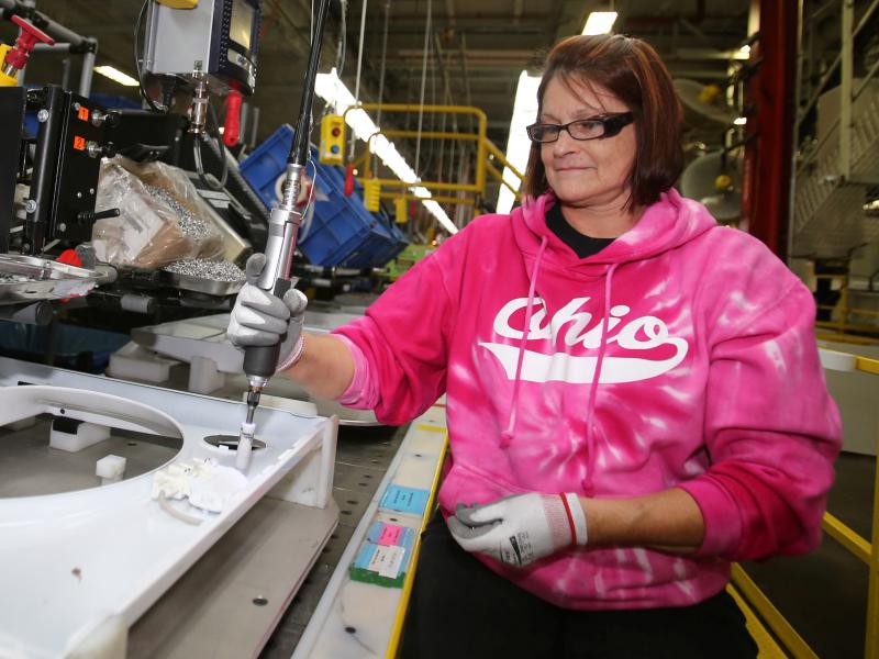 Deb Eisenhawer assembles a switch for a washing machine at a Whirlpool plant in Clyde, Ohio. The company's CEO says steel costs have reached "unexplainable levels." Deb Eisenhawer assembles a switch for a washing machine at a Whirlpool plant in Clyde, Ohio. The company's CEO says steel costs have reached "unexplainable levels."
