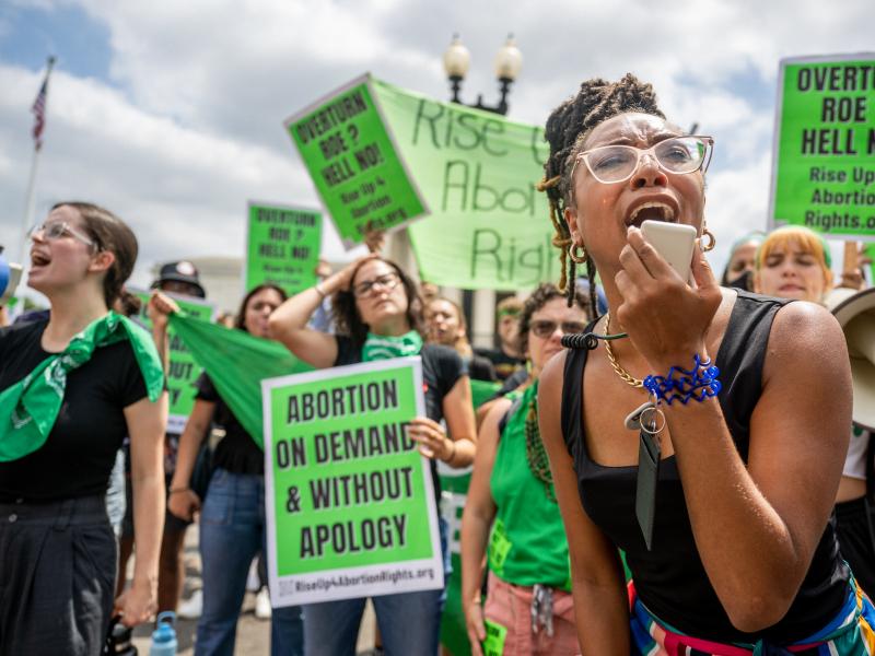 Abortion rights demonstrator Elizabeth White leads a chant in response to the Dobbs v. Jackson Women's Health Organization ruling in front of the U.S. Supreme Court on June 24, 2022. Abortion rights demonstrator Elizabeth White leads a chant in response to the Dobbs v. Jackson Women's Health Organization ruling in front of the U.S. Supreme Court on June 24, 2022.