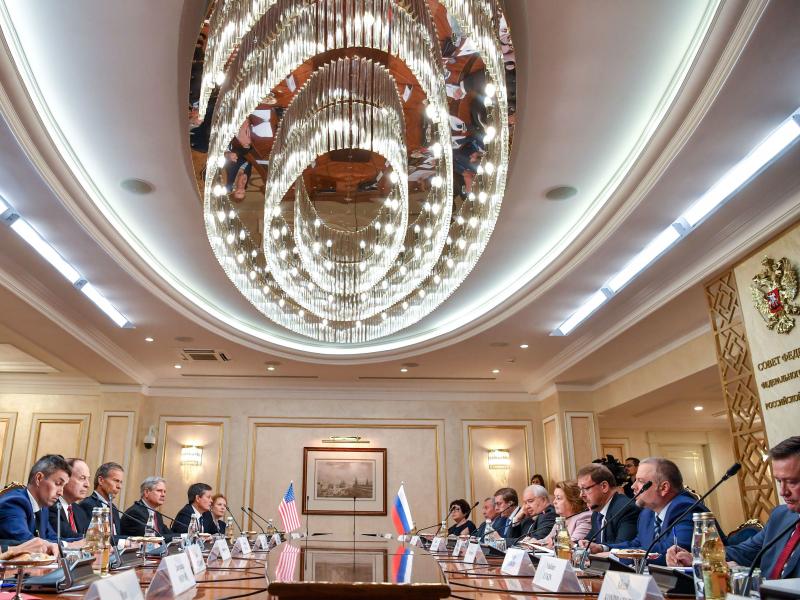 Members of a U.S. congressional delegation meet with members of the Russian Federation Council in Moscow on Tuesday. Republican senators met with Russia's Foreign Minister Sergei Lavrov on a rare visit to Moscow ahead of a summit between the countries' pr Members of a U.S. congressional delegation meet with members of the Russian Federation Council in Moscow on Tuesday. Republican senators met with Russia's Foreign Minister Sergei Lavrov on a rare visit to Moscow ahead of a summit between the countries' pr