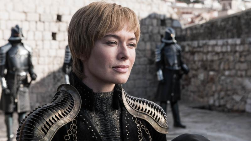 Queen Cersei (Lena Headey) smiling that smile of hers on Game of Thrones. Shoulder pads courtesy of Julia Sugarbaker. Queen Cersei (Lena Headey) smiling that smile of hers on Game of Thrones. Shoulder pads courtesy of Julia Sugarbaker.