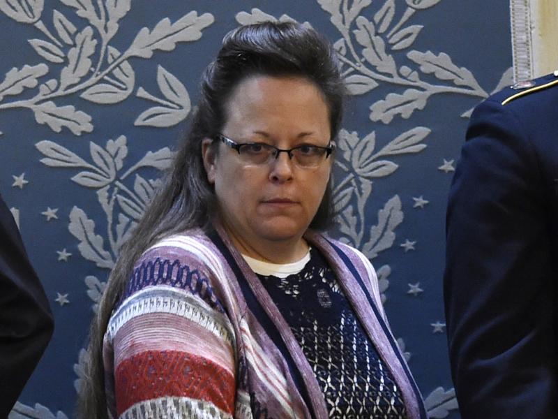 Kim Davis attends President Obama's State of the Union address in January 2016. The clerk for Rowan County, Ky., is being sued for refusing to issue marriage licenses on religious grounds in 2015. Kim Davis attends President Obama's State of the Union address in January 2016. The clerk for Rowan County, Ky., is being sued for refusing to issue marriage licenses on religious grounds in 2015.