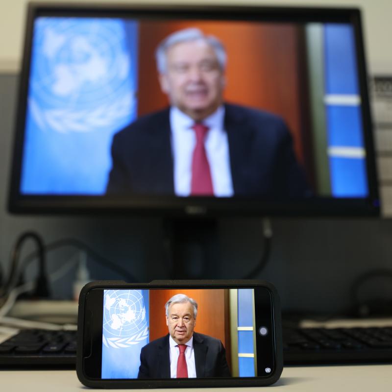 U.N. Secretary-General António Guterres speaking at a virtual news briefing at United Nations headquarters in New York last week. Guterres said Sunday that measures to stop domestic violence should be part of national responses to the COVID-19 pandemic. U.N. Secretary-General António Guterres speaking at a virtual news briefing at United Nations headquarters in New York last week. Guterres said Sunday that measures to stop domestic violence should be part of national responses to the COVID-19 pandemic.
