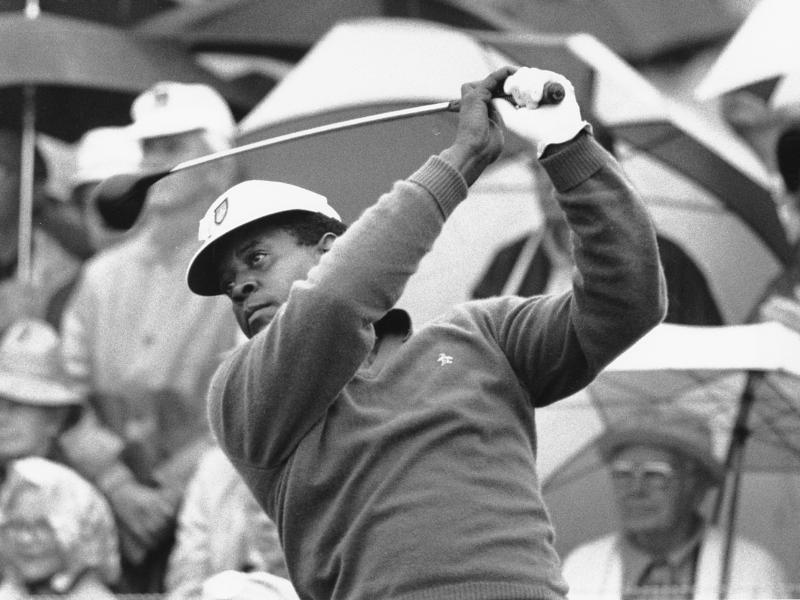 Lee Elder watches the flight of his ball as he tees off in the first round of play at the Masters in Augusta, Ga., on April 10, 1975. Elder broke racial barriers as the first Black golfer to play in the Masters and paved the way for Tiger Woods and others Lee Elder watches the flight of his ball as he tees off in the first round of play at the Masters in Augusta, Ga., on April 10, 1975. Elder broke racial barriers as the first Black golfer to play in the Masters and paved the way for Tiger Woods and others