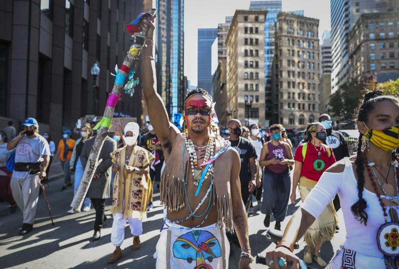 Protesters marched in an Indigenous Peoples Day rally in Boston on Oct. 10, 2020, as part of a demonstration to change Columbus Day to Indigenous Peoples' Day. Boston made that change last week. Protesters marched in an Indigenous Peoples Day rally in Boston on Oct. 10, 2020, as part of a demonstration to change Columbus Day to Indigenous Peoples' Day. Boston made that change last week.
