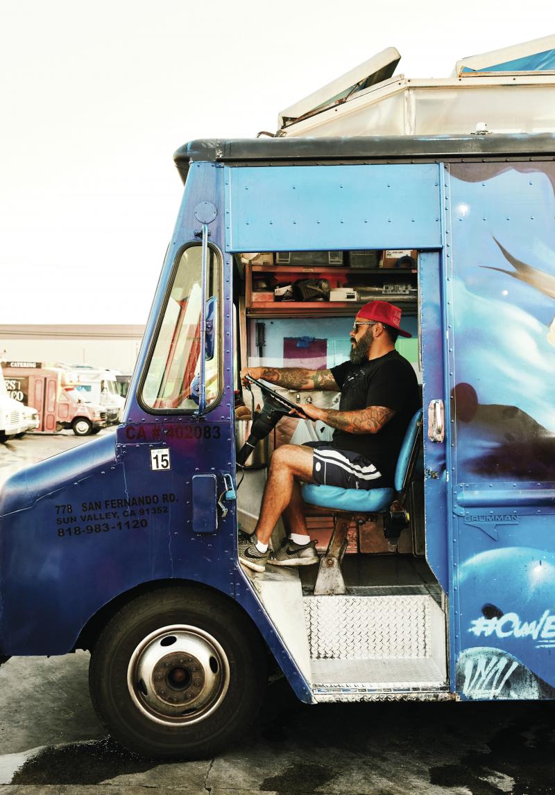 Wes Avila behind the wheel of the Guerrilla Taco food truck, a 1983 Chevy painted Dodgers blue.On the menu you'll find tacos with wild boar and thick-cut bacon, wild porcini mushroom and corn quesadillas, and Thai snapper tostadas. Wes Avila behind the wheel of the Guerrilla Taco food truck, a 1983 Chevy painted Dodgers blue.On the menu you'll find tacos with wild boar and thick-cut bacon, wild porcini mushroom and corn quesadillas, and Thai snapper tostadas.