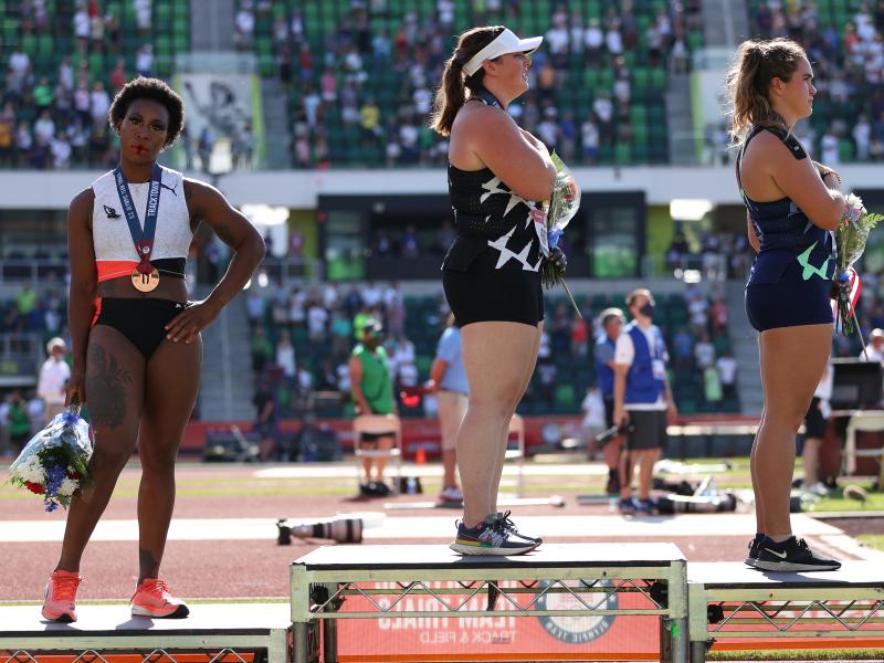 Gwen Berry turned away from the U.S. flag during the national anthem at the U.S. Olympic Track & Field Team Trials. Gwen Berry turned away from the U.S. flag during the national anthem at the U.S. Olympic Track & Field Team Trials.