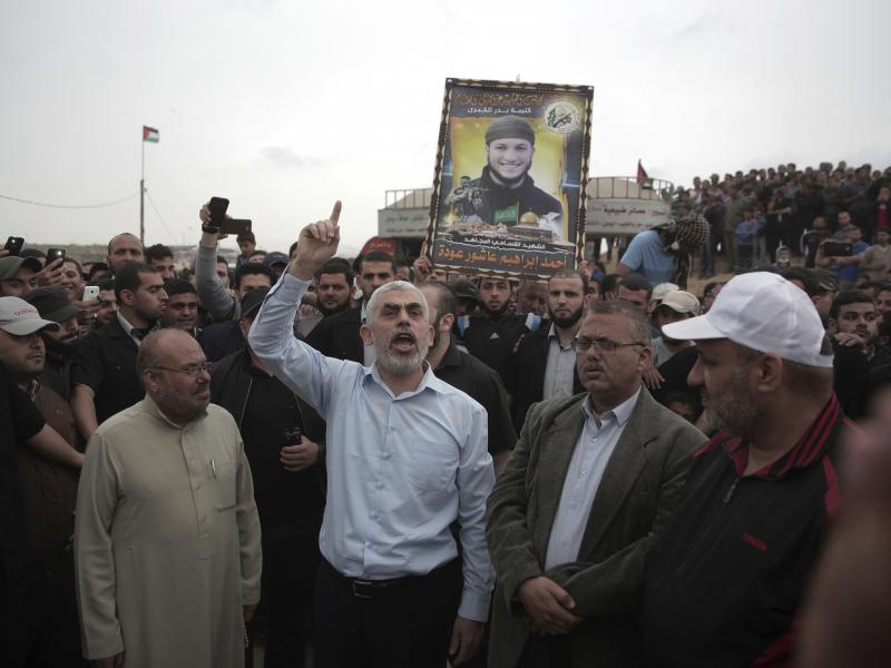 Hamas leader Yehiyeh Sinwar speaks with protesters at the Gaza Strip on April 20. Hamas leader Yehiyeh Sinwar speaks with protesters at the Gaza Strip on April 20.