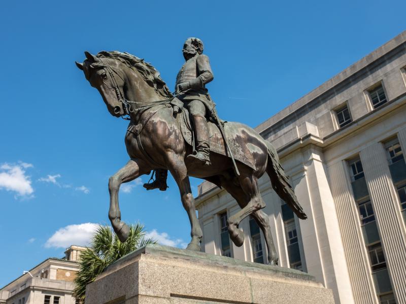 A statue of Confederate general and slave owner Wade Hampton III on horseback in the grounds of South Carolina State House. A statue of Confederate general and slave owner Wade Hampton III on horseback in the grounds of South Carolina State House.