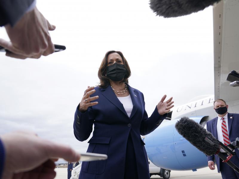 Vice President Harris talks to reporters Tuesday as she leaves Milwaukee, a stop on her tour to promote President Biden's $2 trillion infrastructure proposal, which includes expanded broadband. Vice President Harris talks to reporters Tuesday as she leaves Milwaukee, a stop on her tour to promote President Biden's $2 trillion infrastructure proposal, which includes expanded broadband.