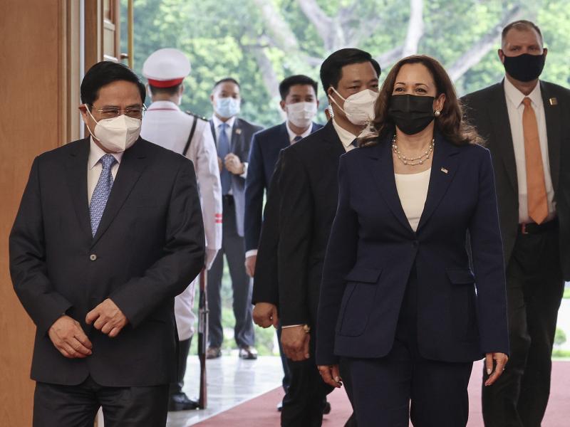 U.S. Vice President Kamala Harris meets Vietnam's Prime Minister Pham Minh Chinh at the Office of Government in Hanoi, Vietnam, Wednesday, Aug. 25, 2021. U.S. Vice President Kamala Harris meets Vietnam's Prime Minister Pham Minh Chinh at the Office of Government in Hanoi, Vietnam, Wednesday, Aug. 25, 2021.