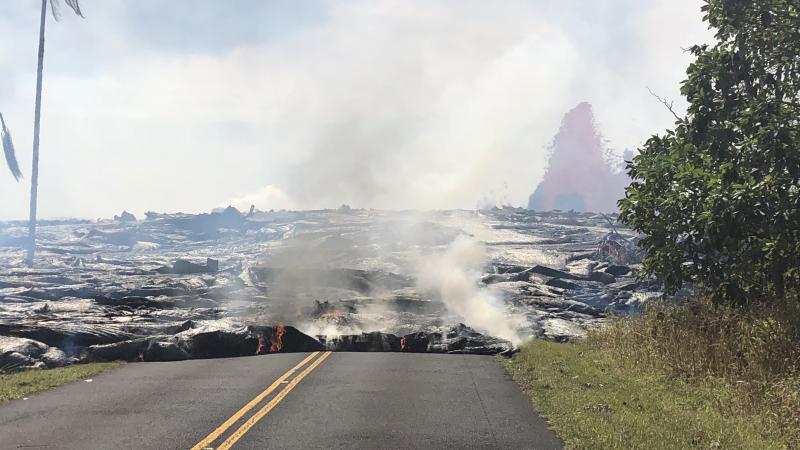 Lava advances west on Leilani Avenue on May 27. Lava advances west on Leilani Avenue on May 27.