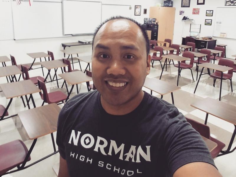 Setting up his new classroom in Texas this school year, Shawn Sheehan took a selfie for social media to wish his home state well. "Wishing all my Norman and #oklaed fam a great school year! Representing y'all as I set up my classroom in Lewisville, TX!" Setting up his new classroom in Texas this school year, Shawn Sheehan took a selfie for social media to wish his home state well. "Wishing all my Norman and #oklaed fam a great school year! Representing y'all as I set up my classroom in Lewisville, TX!"