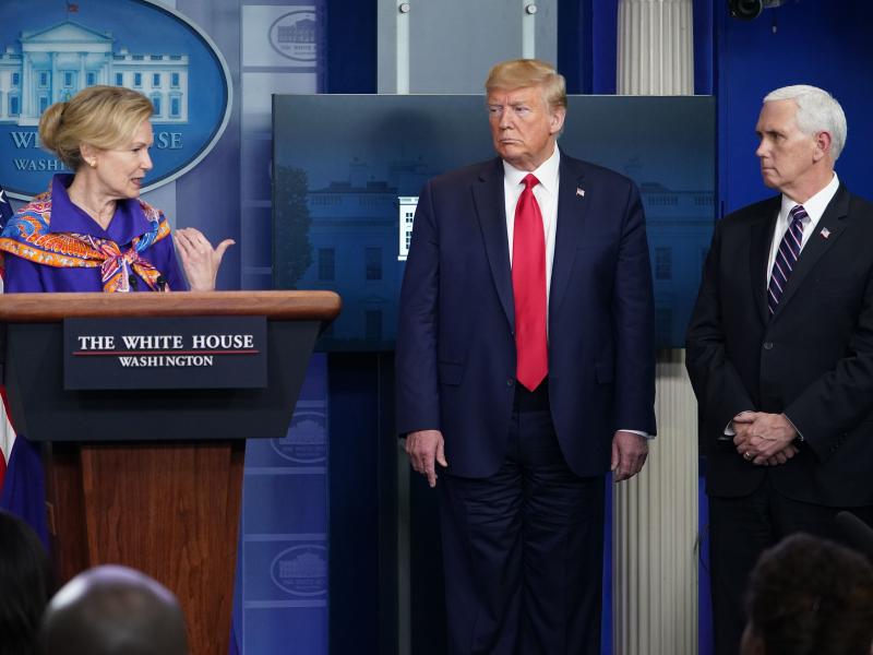 Response coordinator for White House Coronavirus Task Force Dr. Deborah Birx speaks as President Trump and Vice President Trump listen at Wednesday's briefing. Response coordinator for White House Coronavirus Task Force Dr. Deborah Birx speaks as President Trump and Vice President Trump listen at Wednesday's briefing.