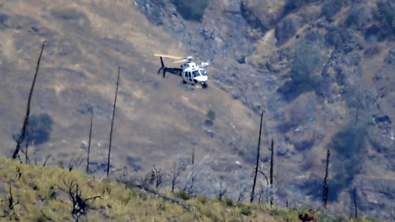 A helicopter hovers over a remote area northeast of the town of Mariposa, Calif., on Wednesday, Aug. 18. According to the Mariposa County Sheriff's Office, the area is reported to be where a family and their dog were found dead. A helicopter hovers over a remote area northeast of the town of Mariposa, Calif., on Wednesday, Aug. 18. According to the Mariposa County Sheriff's Office, the area is reported to be where a family and their dog were found dead.