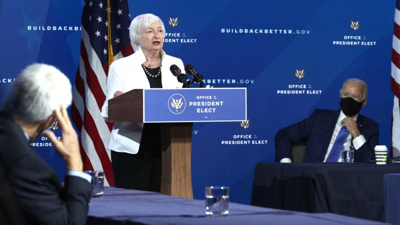 Janet Yellen, President-elect Joe Biden's nominee for treasury secretary, gives remarks Tuesday in Wilmington, Del., as Biden and other members of his economic team look on. If confirmed, Yellen would be the first female treasury secretary. Janet Yellen, President-elect Joe Biden's nominee for treasury secretary, gives remarks Tuesday in Wilmington, Del., as Biden and other members of his economic team look on. If confirmed, Yellen would be the first female treasury secretary.