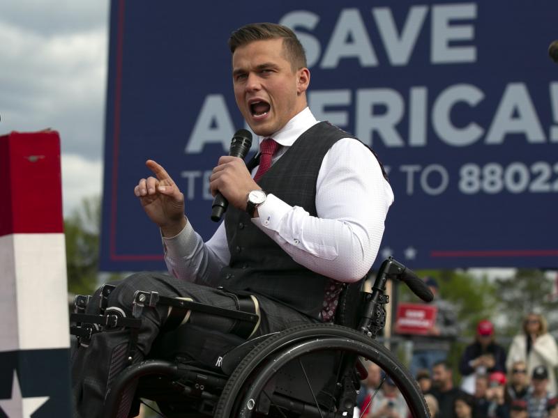 Rep. Madison Cawthorn speaks before a rally for former U.S. President Donald Trump at The Farm at 95 on April 9, 2022 in Selma, North Carolina. Rep. Madison Cawthorn speaks before a rally for former U.S. President Donald Trump at The Farm at 95 on April 9, 2022 in Selma, North Carolina.