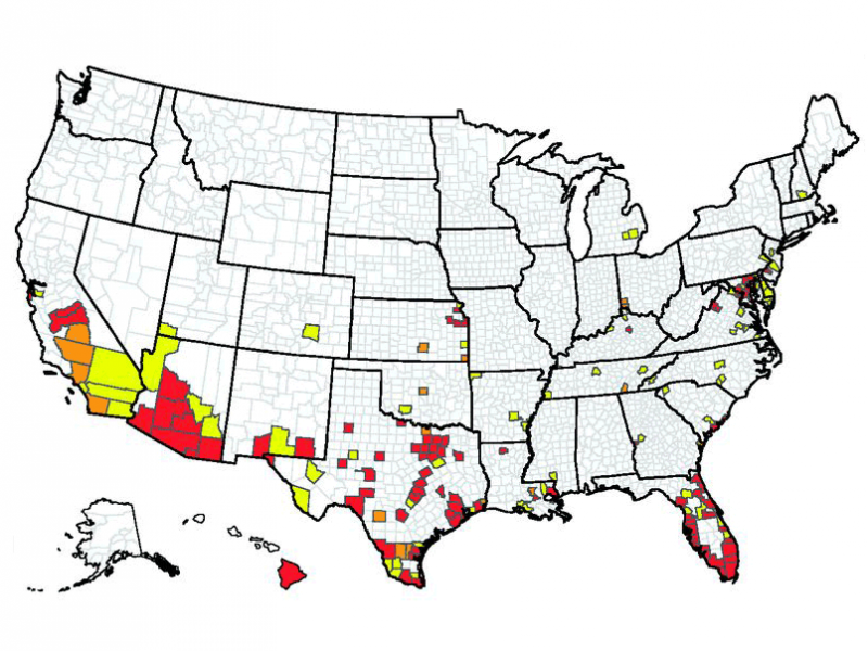 Counties where Aedes aegypti was reported between Jan. 1, 1995, and March 2016. Counties in yellow recorded one year ofA. aegypti being present; those shown in orange recorded two years; and those shown in red, three or more years. Counties where Aedes aegypti was reported between Jan. 1, 1995, and March 2016. Counties in yellow recorded one year ofA. aegypti being present; those shown in orange recorded two years; and those shown in red, three or more years.