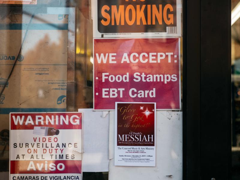 A sign alerts customers about SNAP food stamp benefits at a grocery store in New York City in December 2019. Benefits from the Supplemental Nutrition Assistance Program are getting a historic boost nearly two years later under the Biden administration. A sign alerts customers about SNAP food stamp benefits at a grocery store in New York City in December 2019. Benefits from the Supplemental Nutrition Assistance Program are getting a historic boost nearly two years later under the Biden administration.