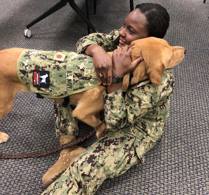 Brelahn Wyatt, a Navy ensign and second-year medical student, shares a hug with Shetland. The dog's military commission does not entitle him to salutes. Brelahn Wyatt, a Navy ensign and second-year medical student, shares a hug with Shetland. The dog's military commission does not entitle him to salutes.