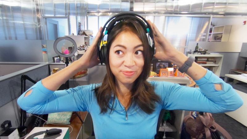 Elise Hu puts on a transcranial direct current stimulation device. Elise Hu puts on a transcranial direct current stimulation device.