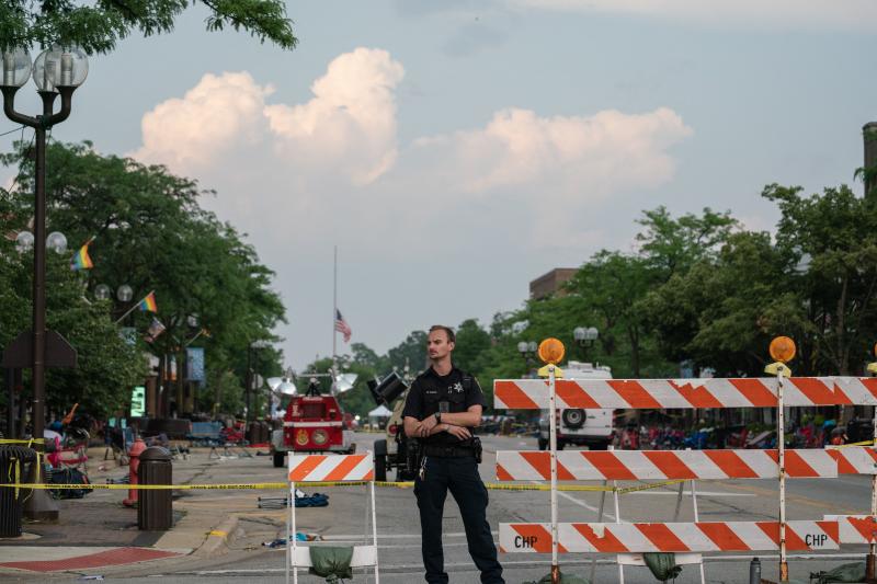 Downtown Highland Park, Ill., remained roped off Tuesday afternoon after the deadly shooting at a July 4th parade. Downtown Highland Park, Ill., remained roped off Tuesday afternoon after the deadly shooting at a July 4th parade.