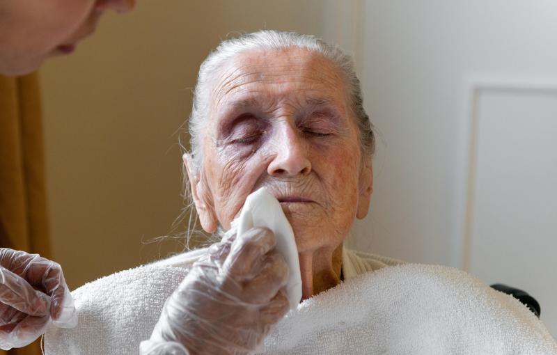 A certified nursing assistant wipes Neva Shinkle's face with chlorhexidine, an antimicrobial wash. Shinkle is a patient at Coventry Court Health Center, a nursing home in Anaheim, Calif., that is part of a multicenter research project aimed at stopping th A certified nursing assistant wipes Neva Shinkle's face with chlorhexidine, an antimicrobial wash. Shinkle is a patient at Coventry Court Health Center, a nursing home in Anaheim, Calif., that is part of a multicenter research project aimed at stopping th