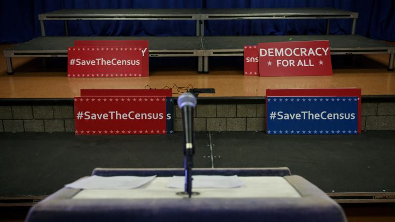 Signs sit behind the podium before the start of a press conference in New York City about the multi-state lawsuit to block the Trump administration from adding a question about citizenship to the 2020 census form. Signs sit behind the podium before the start of a press conference in New York City about the multi-state lawsuit to block the Trump administration from adding a question about citizenship to the 2020 census form.