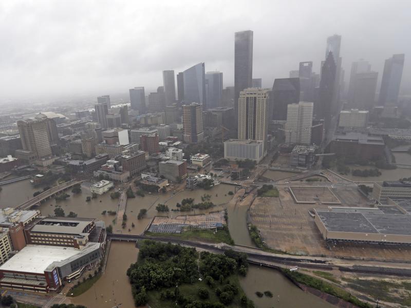 Downtown Houston flooded by rain from Hurricane Harvey on Aug. 29, 2017. The buildings in the region exacerbated rainfall from the storm, according to a new study. Downtown Houston flooded by rain from Hurricane Harvey on Aug. 29, 2017. The buildings in the region exacerbated rainfall from the storm, according to a new study.