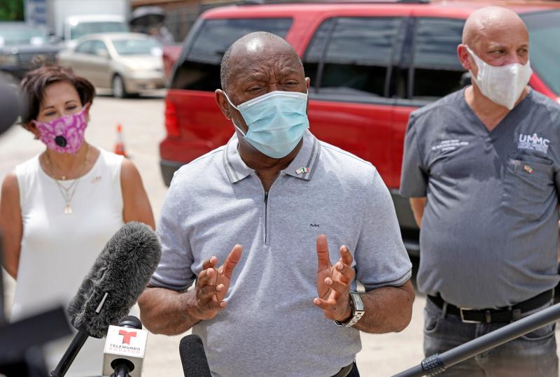 Houston Mayor Sylvester Turner speaks at free COVID-19 testing provided by United Memorial Medical Center at the Mexican Consulate Sunday, June 28 in Houston. Houston Mayor Sylvester Turner speaks at free COVID-19 testing provided by United Memorial Medical Center at the Mexican Consulate Sunday, June 28 in Houston.