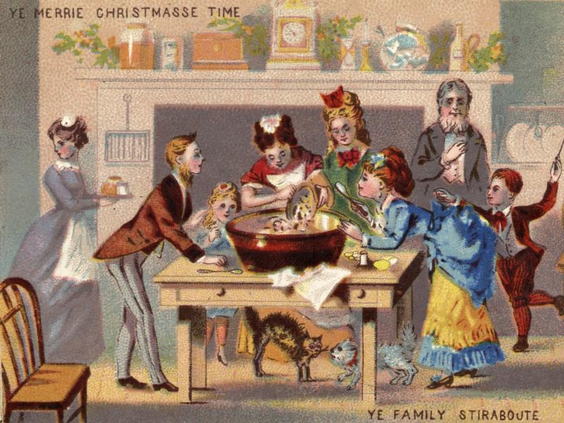 A Victorian family gathers to stir pudding in a Christmas card illustration from the 1870s. The Victorian era put a premium on hospitality, which may have helped create the tradition of leaving out treats for a visiting Santa. A Victorian family gathers to stir pudding in a Christmas card illustration from the 1870s. The Victorian era put a premium on hospitality, which may have helped create the tradition of leaving out treats for a visiting Santa.