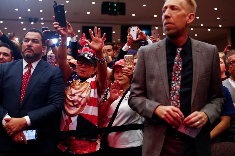 Audience members react as President Trump delivers remarks in January 2020 at an Evangelicals for Trump coalition launch at the King Jesus International Ministry in Miami. Audience members react as President Trump delivers remarks in January 2020 at an Evangelicals for Trump coalition launch at the King Jesus International Ministry in Miami.