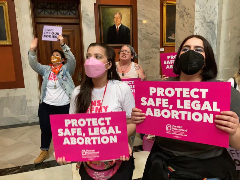 Abortion-rights supporters chant their objections at the Kentucky Capitol on April 13, 2022 in Frankfort, Ky., as Kentucky lawmakers debate overriding the governor's veto of an abortion measure. Abortion-rights supporters chant their objections at the Kentucky Capitol on April 13, 2022 in Frankfort, Ky., as Kentucky lawmakers debate overriding the governor's veto of an abortion measure.
