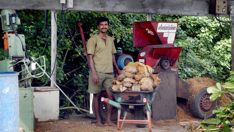 A hotel employee prepares coconut husks for recycling into rope at the luxury Soneva Fushi island resort in the Maldives. It's just one of many initiatives the resort is taking to reduce food waste. A hotel employee prepares coconut husks for recycling into rope at the luxury Soneva Fushi island resort in the Maldives. It's just one of many initiatives the resort is taking to reduce food waste.