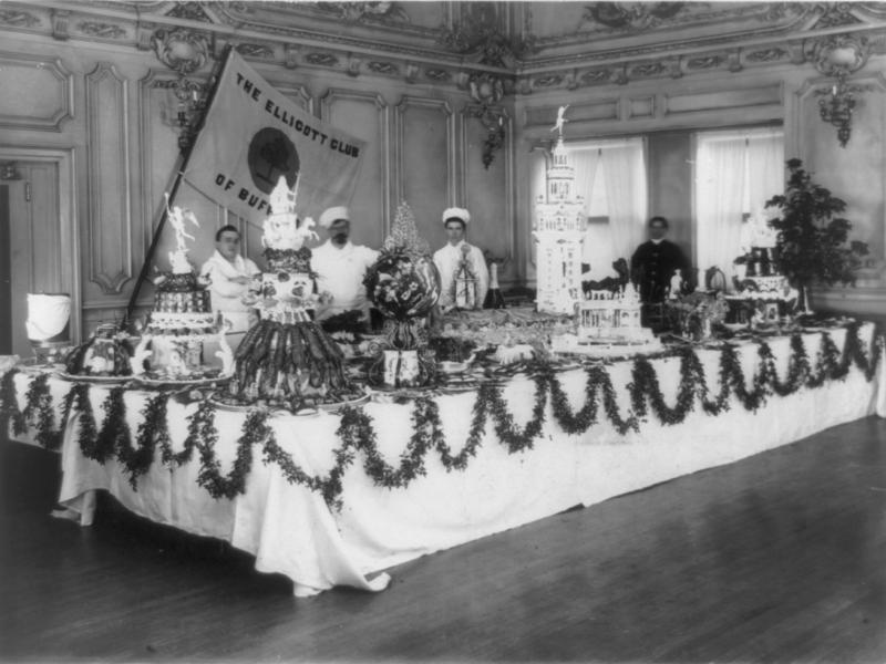 An elaborate buffet at the Ellicott Club in Buffalo, N.Y., circa 1901. An elaborate buffet at the Ellicott Club in Buffalo, N.Y., circa 1901.