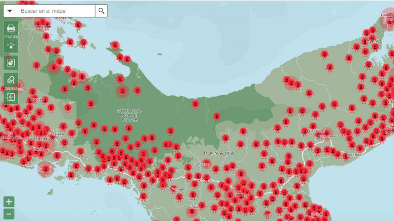Doviaza's maps overlay the daily number of COVID cases reported by the health ministry (depicted as the spike protein of the virus, shown in red) with locations of indigenous communities (dark green). Doviaza's maps overlay the daily number of COVID cases reported by the health ministry (depicted as the spike protein of the virus, shown in red) with locations of indigenous communities (dark green).