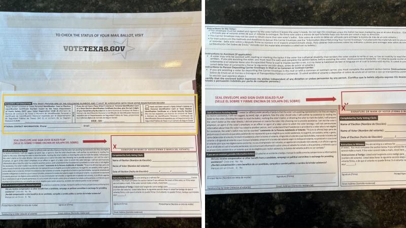 The current Texas mail ballot envelope. At left, with NPR's added yellow highlight, is the section many voters missed to fill in required information. The section is hidden when the envelope flap is down. The new mail ballot envelope will have a red box a The current Texas mail ballot envelope. At left, with NPR's added yellow highlight, is the section many voters missed to fill in required information. The section is hidden when the envelope flap is down. The new mail ballot envelope will have a red box a