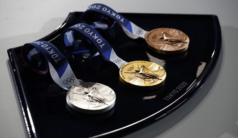 A medal tray that will be used during the victory ceremonies at the Tokyo Olympic and Paralympic Games. A medal tray that will be used during the victory ceremonies at the Tokyo Olympic and Paralympic Games.