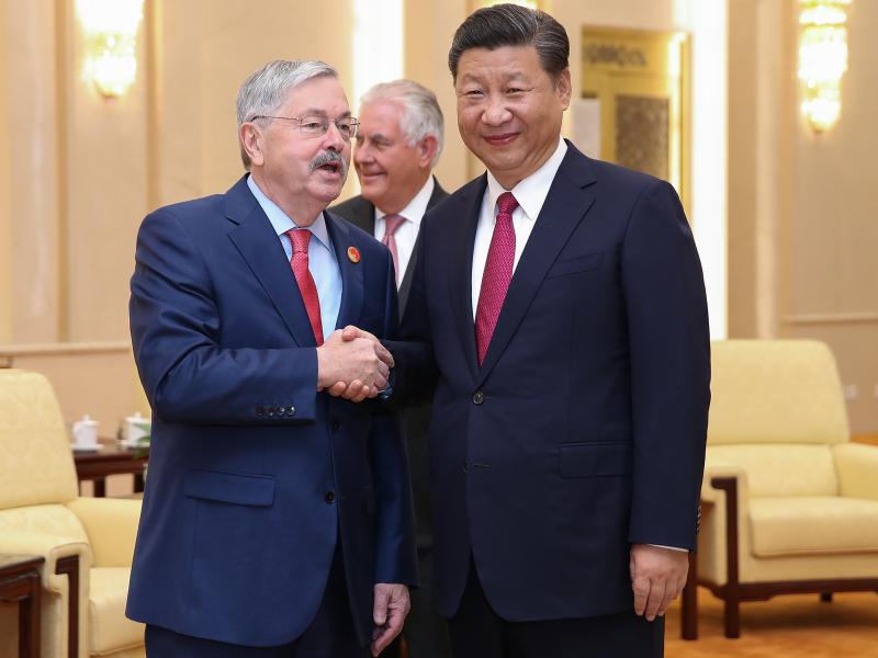 U.S. Ambassador Terry Branstad shakes hands with Chinese President Xi Jinping at the Great Hall of the People on Sept. 30 in Beijing, China. U.S. Ambassador Terry Branstad shakes hands with Chinese President Xi Jinping at the Great Hall of the People on Sept. 30 in Beijing, China.