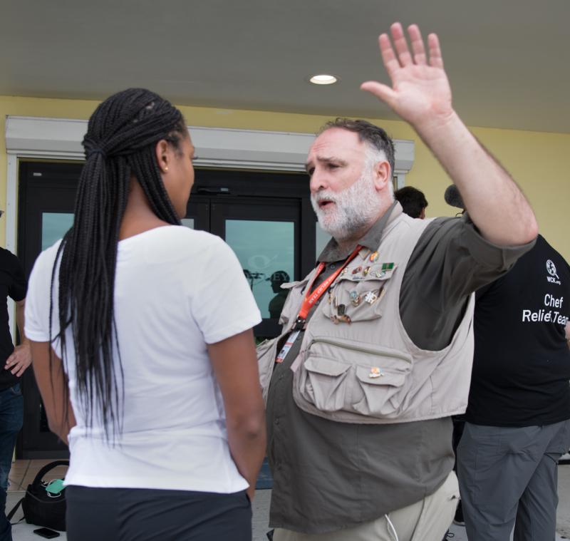 Reknowned chef José Andrés (right) is interviewed by ABC News last week in the Bahamian capital, Nassau, before heading to the Abaco Islands to deliver food to people stranded left by Hurricane Dorian. Reknowned chef José Andrés (right) is interviewed by ABC News last week in the Bahamian capital, Nassau, before heading to the Abaco Islands to deliver food to people stranded left by Hurricane Dorian.