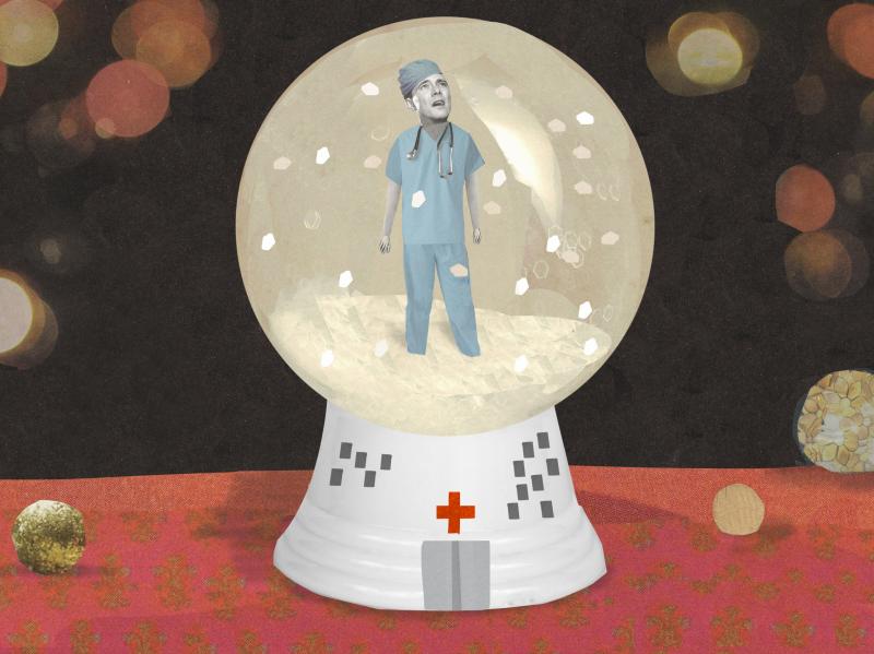 Illustration of a young doctor trapped in a snowglobe by Katherine Streeter for NPR. Illustration of a young doctor trapped in a snowglobe by Katherine Streeter for NPR.