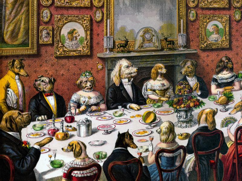 Victorian print of a large dinner party of dogs in formalwear and cat servants; hand-colored engraving, 1893. Victorian print of a large dinner party of dogs in formalwear and cat servants; hand-colored engraving, 1893.