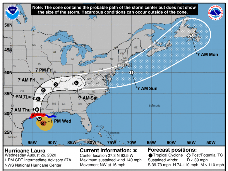 The National Hurricane Center predicts that Hurricane Laura will make landfall as a Category 4 storm. The National Hurricane Center predicts that Hurricane Laura will make landfall as a Category 4 storm.