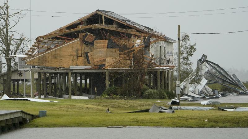 A home damaged by Hurricane Laura is seen Friday in Hackberry, La. Damage estimates from the storm range from around $4 billion to $12 billion. A home damaged by Hurricane Laura is seen Friday in Hackberry, La. Damage estimates from the storm range from around $4 billion to $12 billion.
