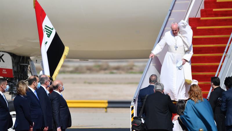 Pope Francis arrives at Baghdad International Airport on Friday for the first-ever papal visit to Iraq. Pope Francis arrives at Baghdad International Airport on Friday for the first-ever papal visit to Iraq.